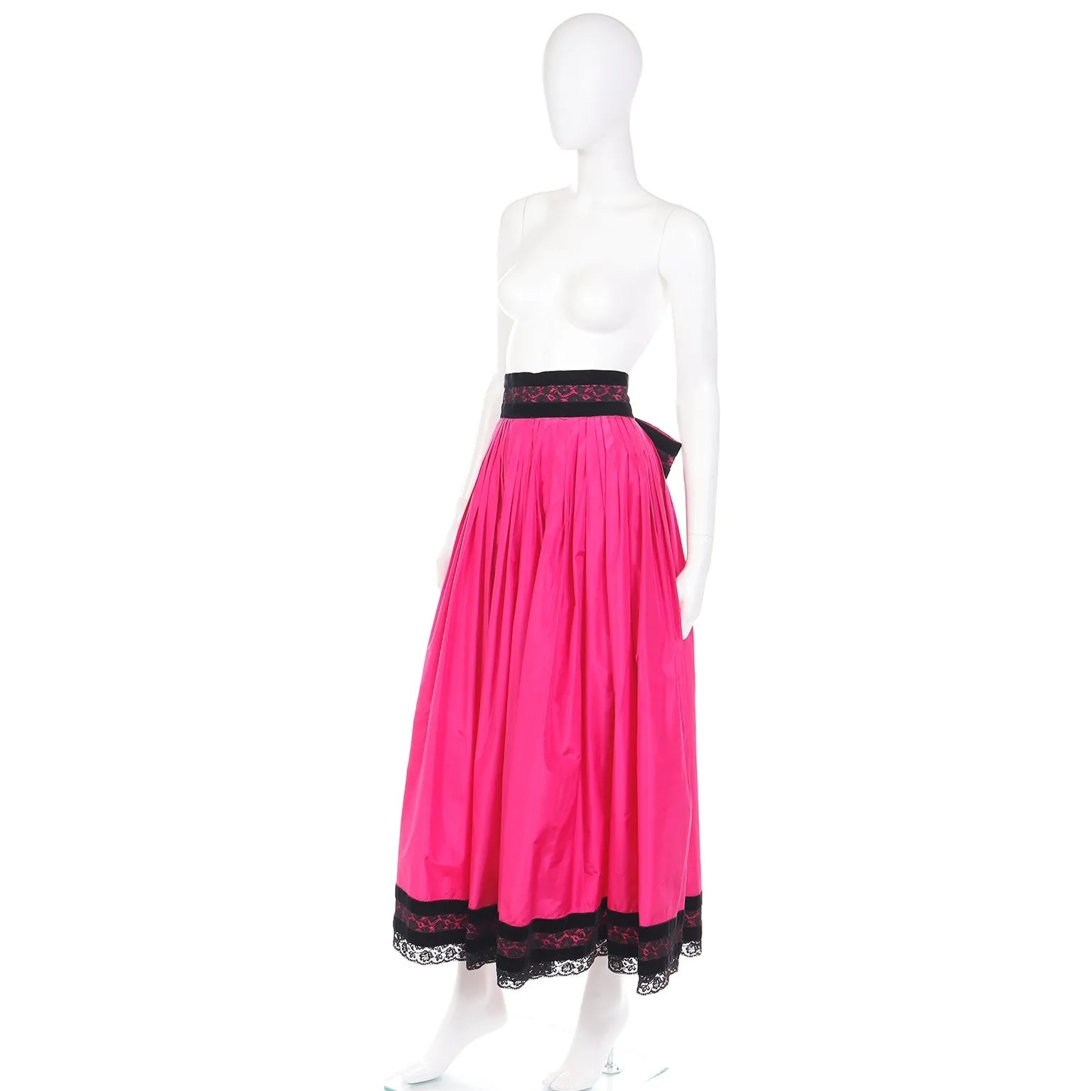 1980s Oscar de la Renta Pink Silk Taffeta Maxi Skirt with Black Velvet & Lace