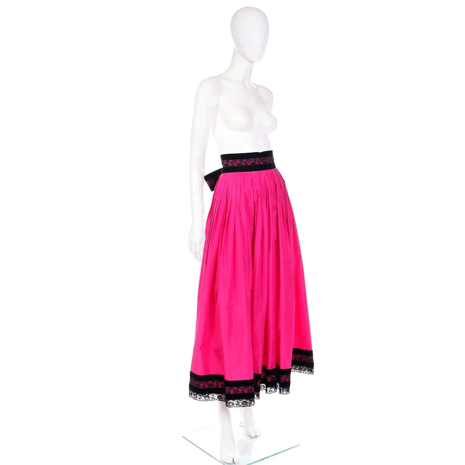 1980s Oscar de la Renta Pink Silk Taffeta Maxi Skirt with Black Velvet & Lace