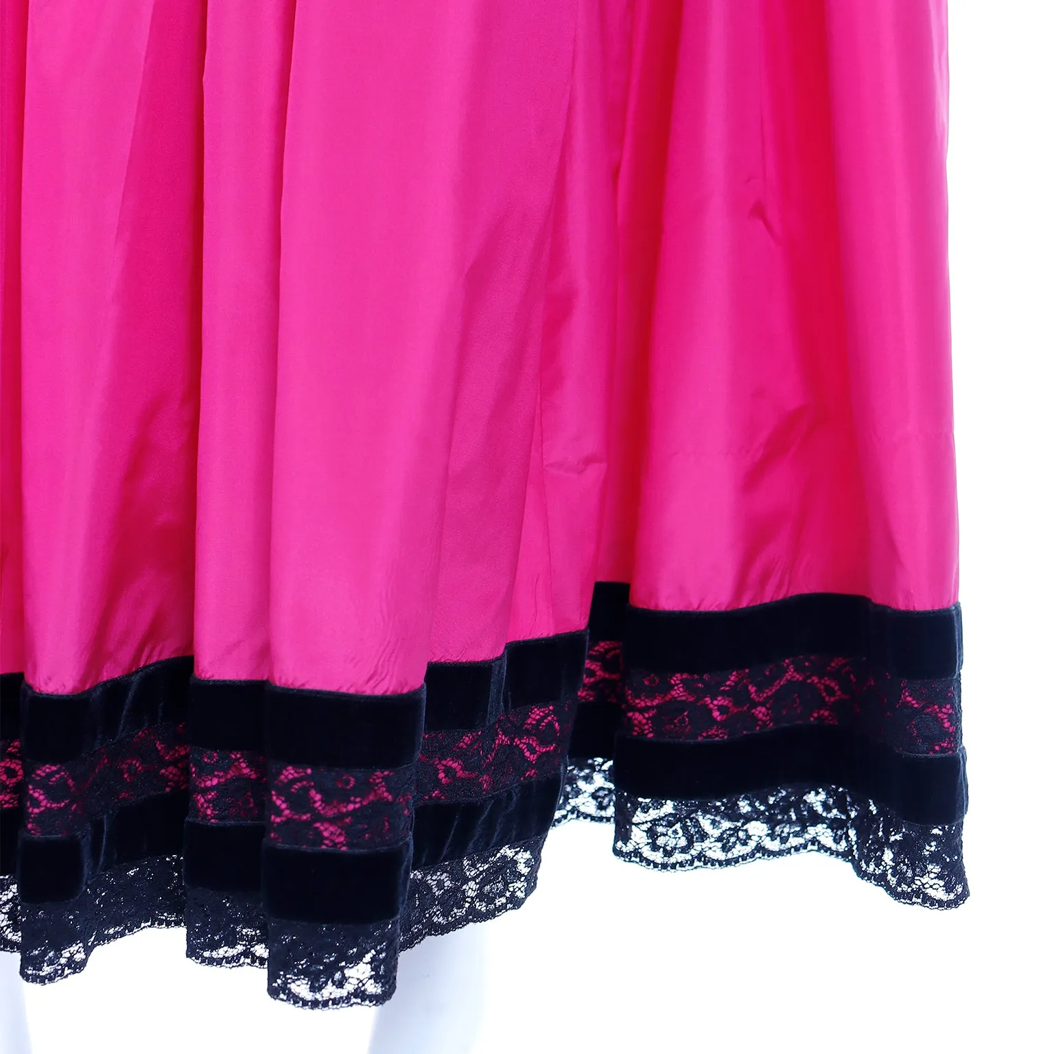 1980s Oscar de la Renta Pink Silk Taffeta Maxi Skirt with Black Velvet & Lace