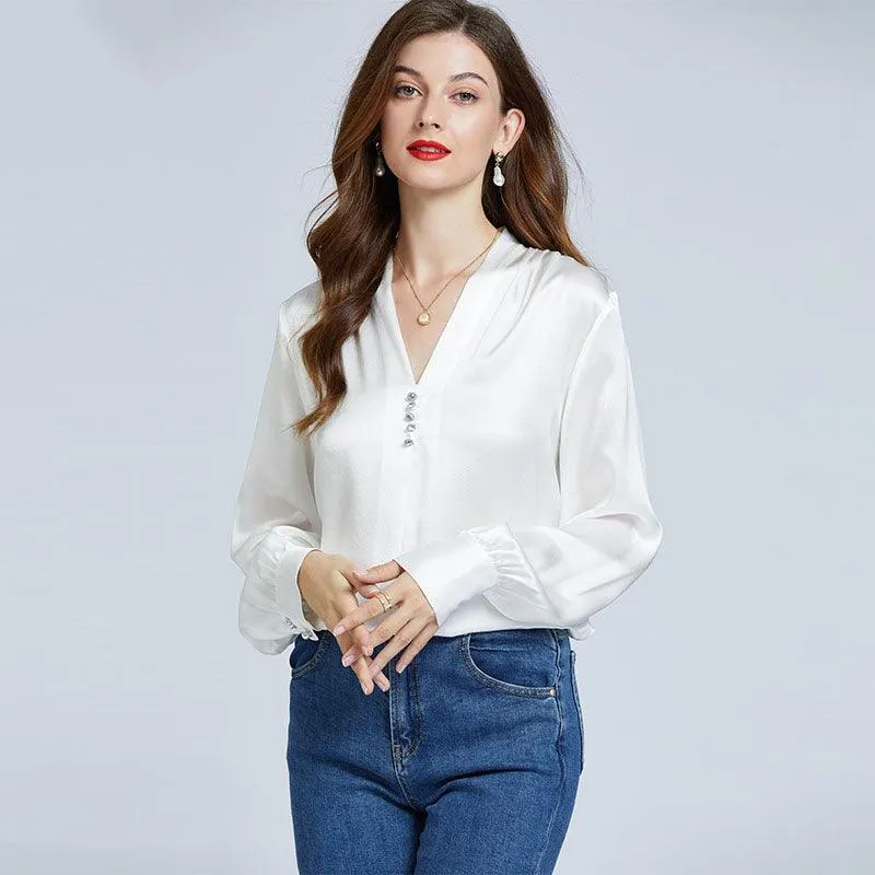 22Momme Elegant Womens Silk Blouse Crystal Buckle Silk Shirts Long Sleeves V-Neck Silk Top