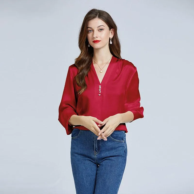 22Momme Elegant Womens Silk Blouse Crystal Buckle Silk Shirts Long Sleeves V-Neck Silk Top