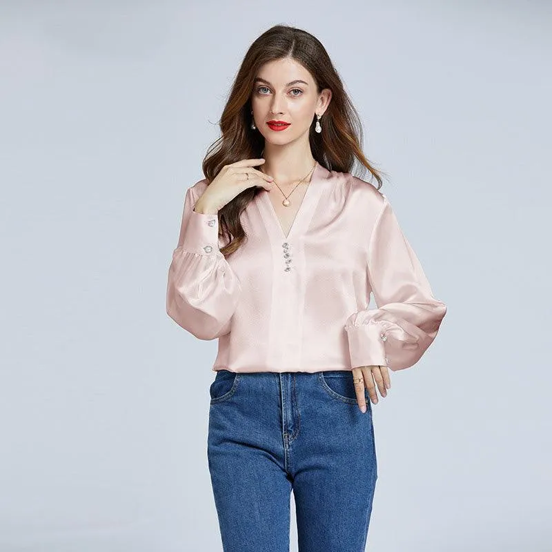 22Momme Elegant Womens Silk Blouse Crystal Buckle Silk Shirts Long Sleeves V-Neck Silk Top