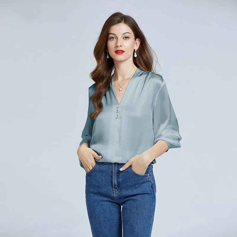 22Momme Elegant Womens Silk Blouse Crystal Buckle Silk Shirts Long Sleeves V-Neck Silk Top