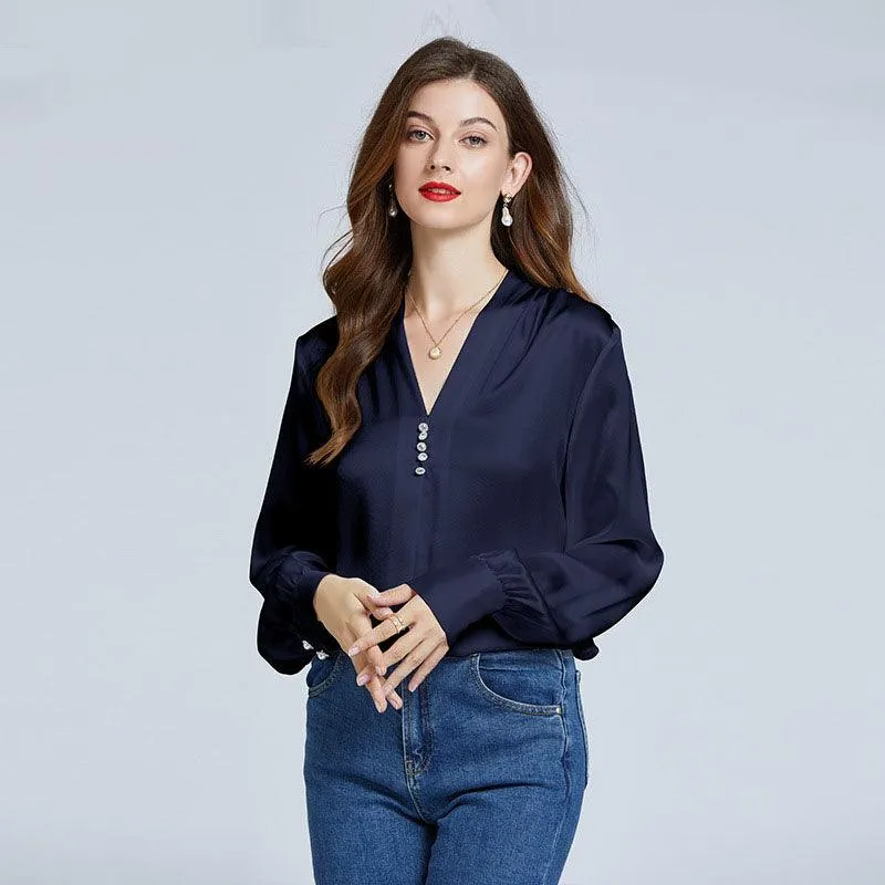 22Momme Elegant Womens Silk Blouse Crystal Buckle Silk Shirts Long Sleeves V-Neck Silk Top