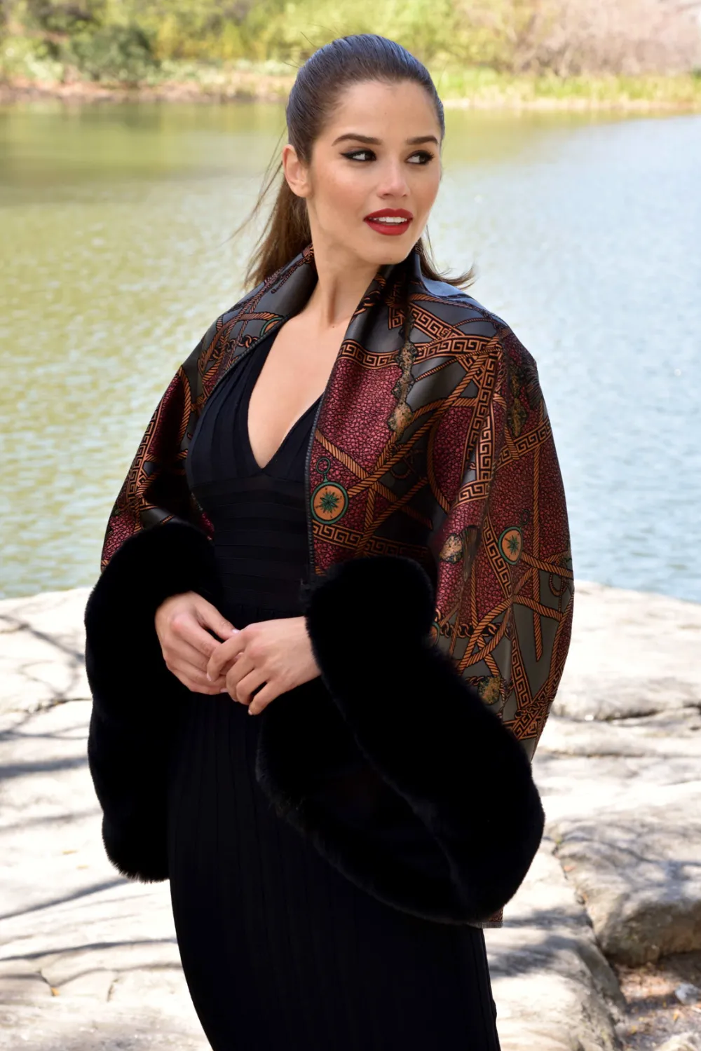 Abstract Print Bolero with Faux Trim Detail - Black Multi