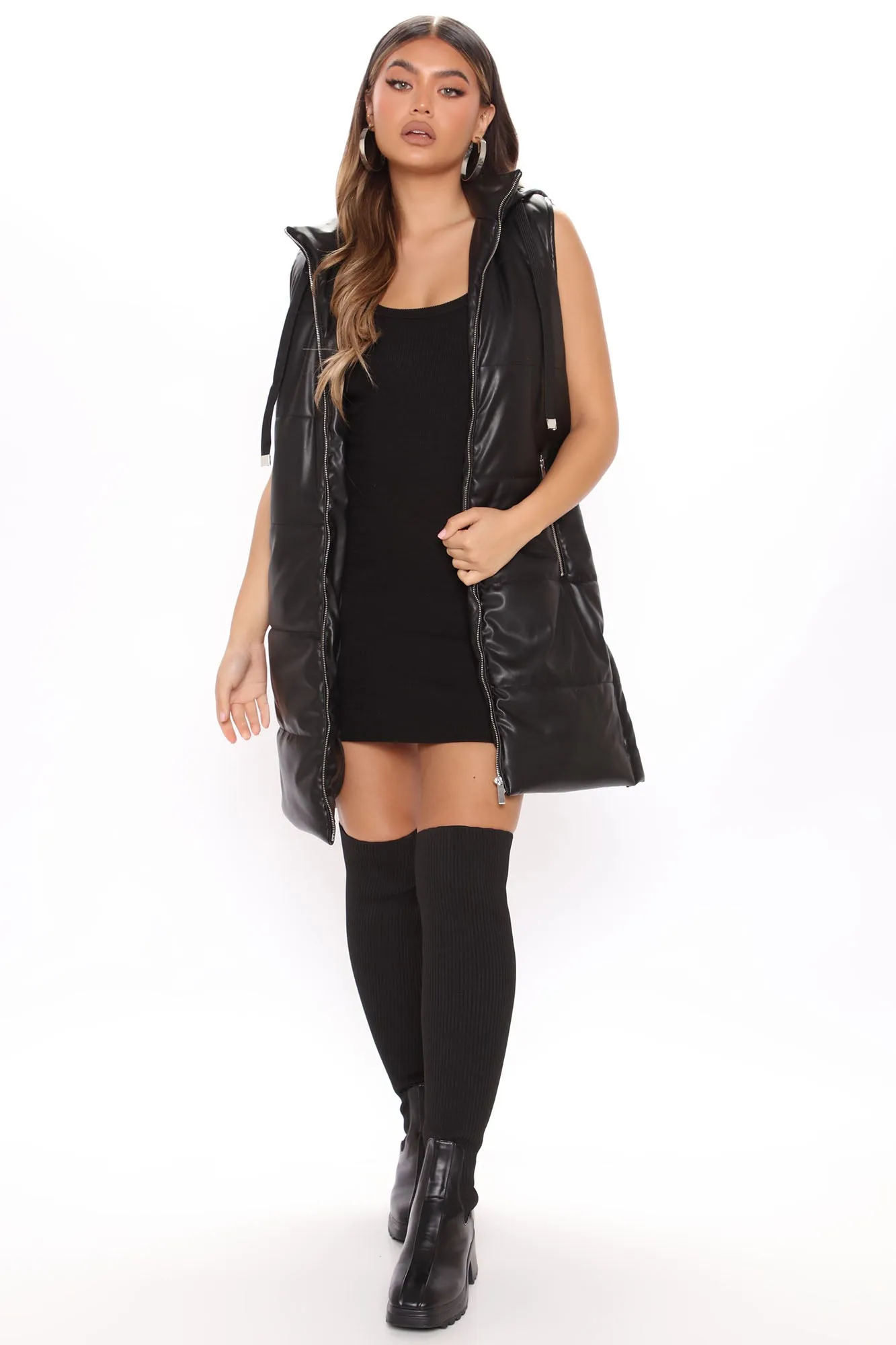 Acting Up Faux Leather Puffer Vest - Black