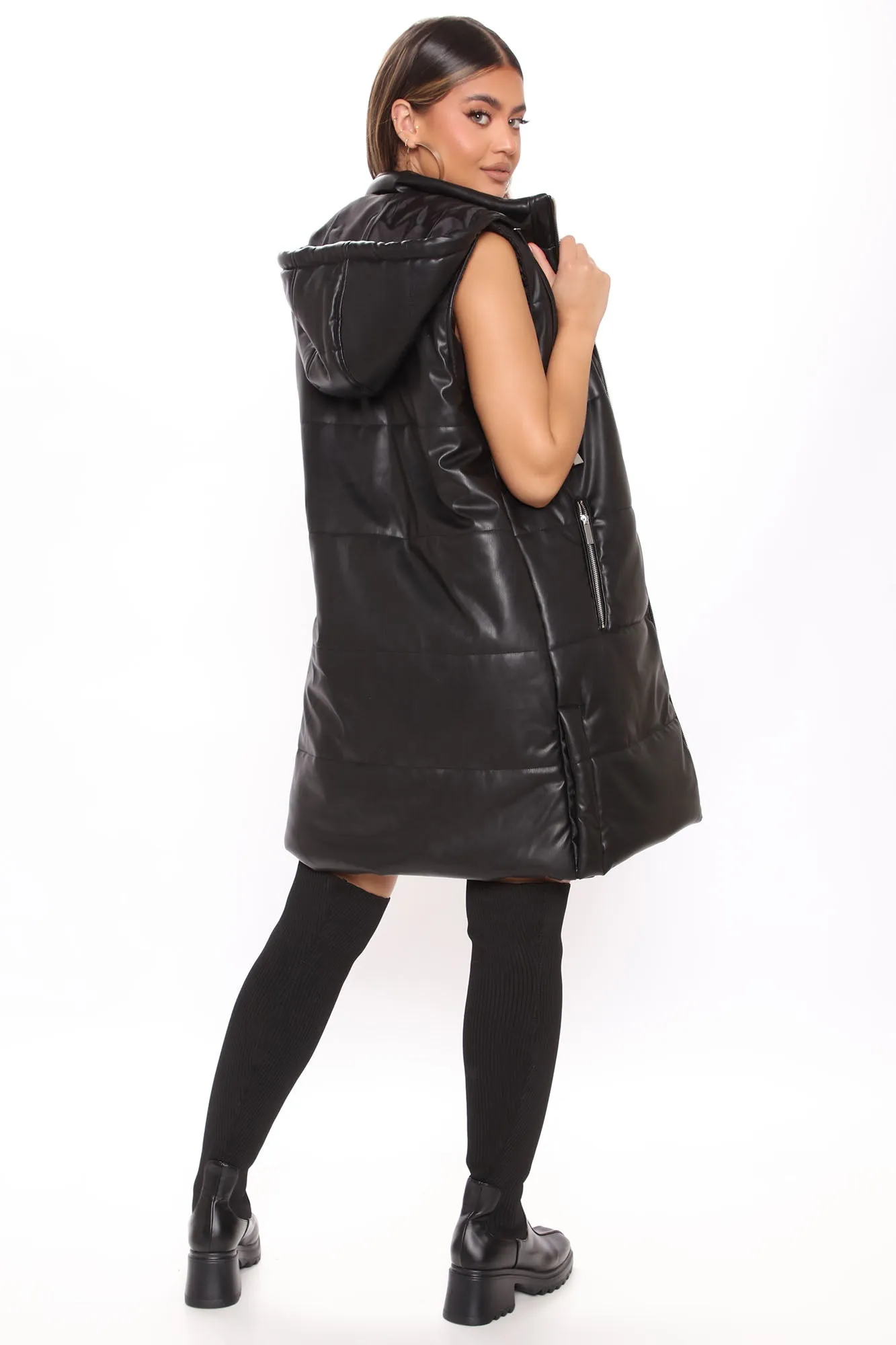 Acting Up Faux Leather Puffer Vest - Black