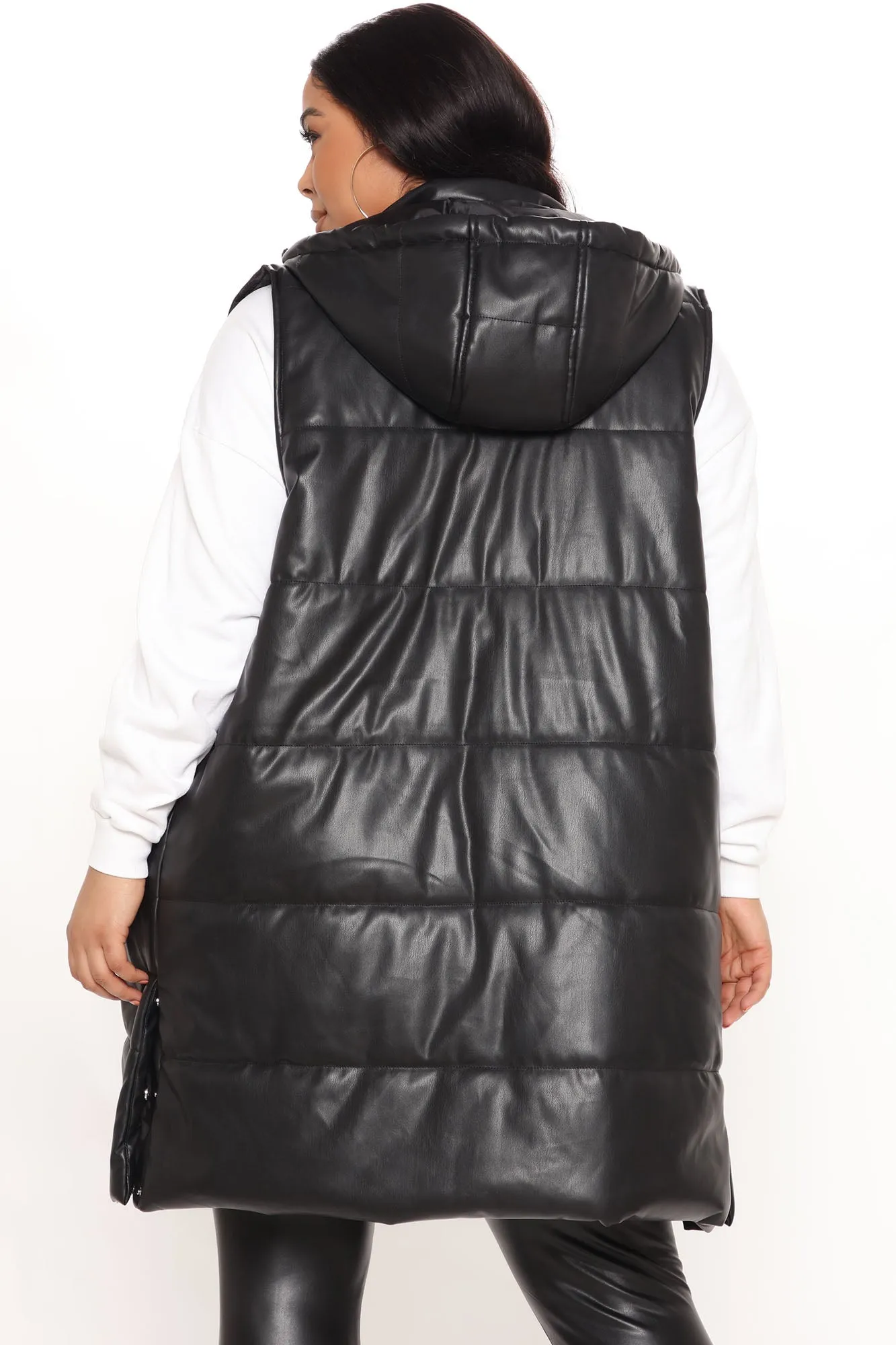 Acting Up Faux Leather Puffer Vest - Black