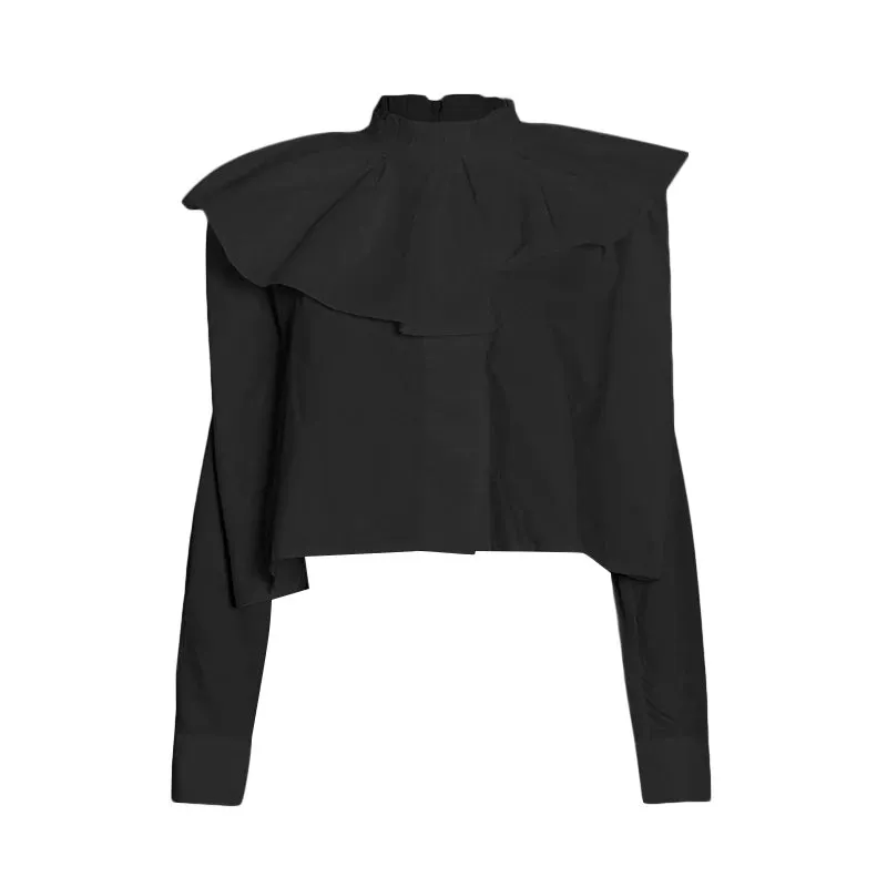 Apricot Minimalist Short Shirt Female Stand Collar Long Sleeve Patchwork Pleated Loose Korean Fashion Woman Blouses