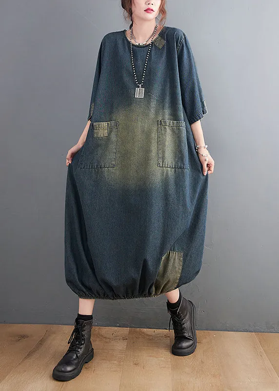 Baggy Blue O-Neck Pockets Patchwork Denim Dresses Half Sleeve