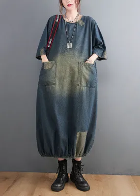 Baggy Blue O-Neck Pockets Patchwork Denim Dresses Half Sleeve