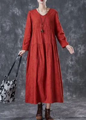 Beautiful Red Cinched Patchwork Linen Dresses Fall ML3072