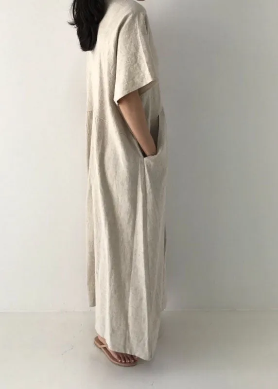 Beige Cozy Linen Holiday Dresses V Neck Pockets Summer LY1329