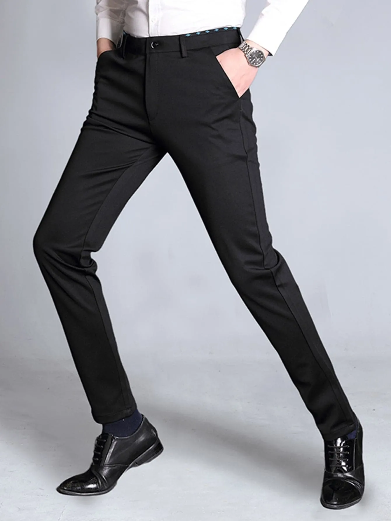 Black Solid Zipper Fly Tailored Trousers