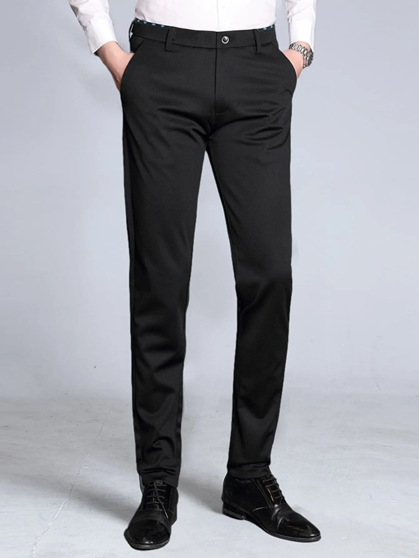 Black Solid Zipper Fly Tailored Trousers