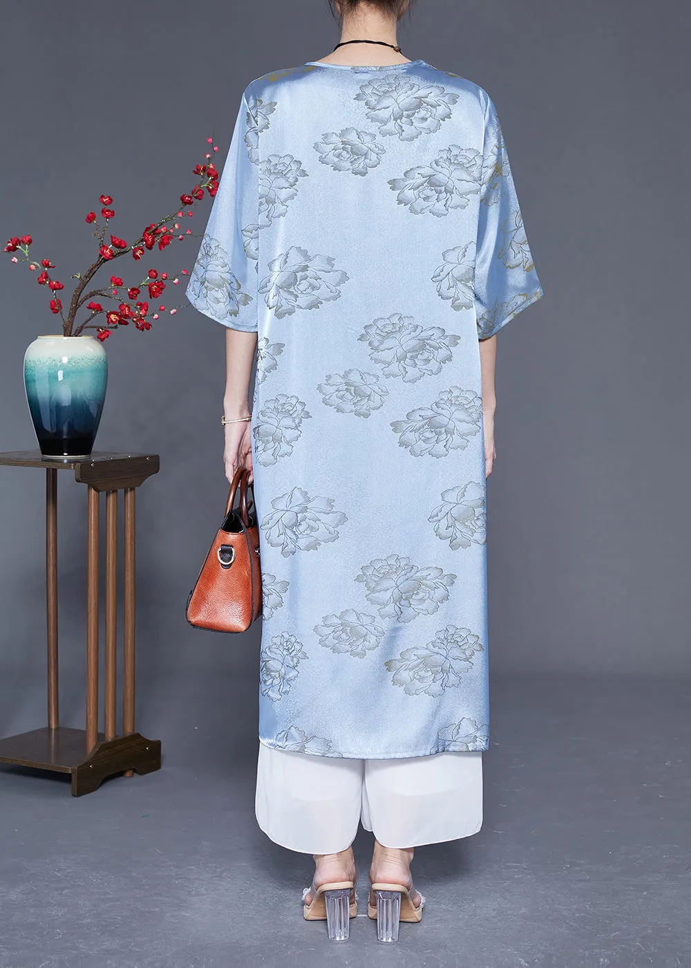 Blue Print Silk Long Dresses Chinese Button Tassel Half Sleeve LY1858