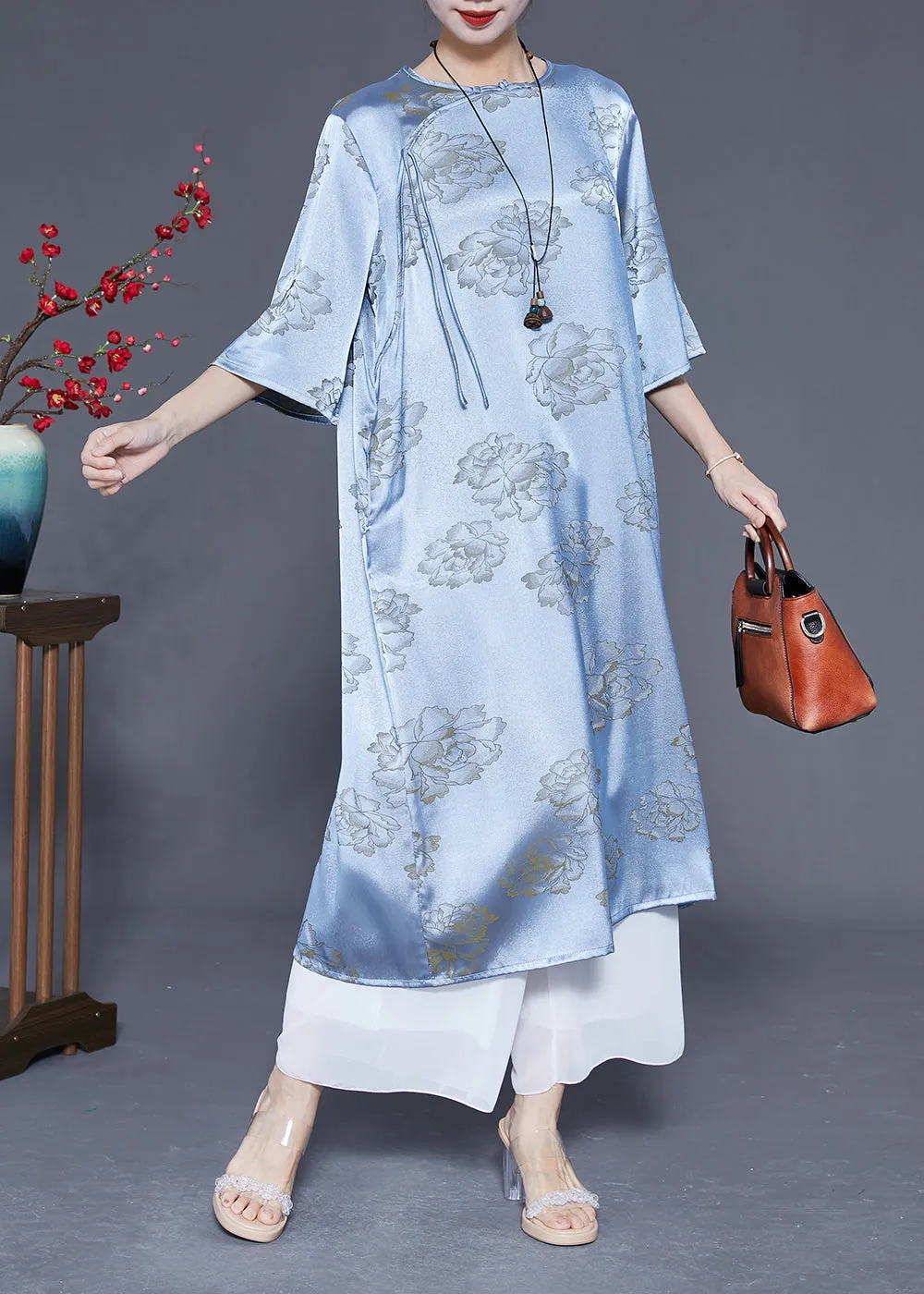 Blue Print Silk Long Dresses Chinese Button Tassel Half Sleeve LY1858