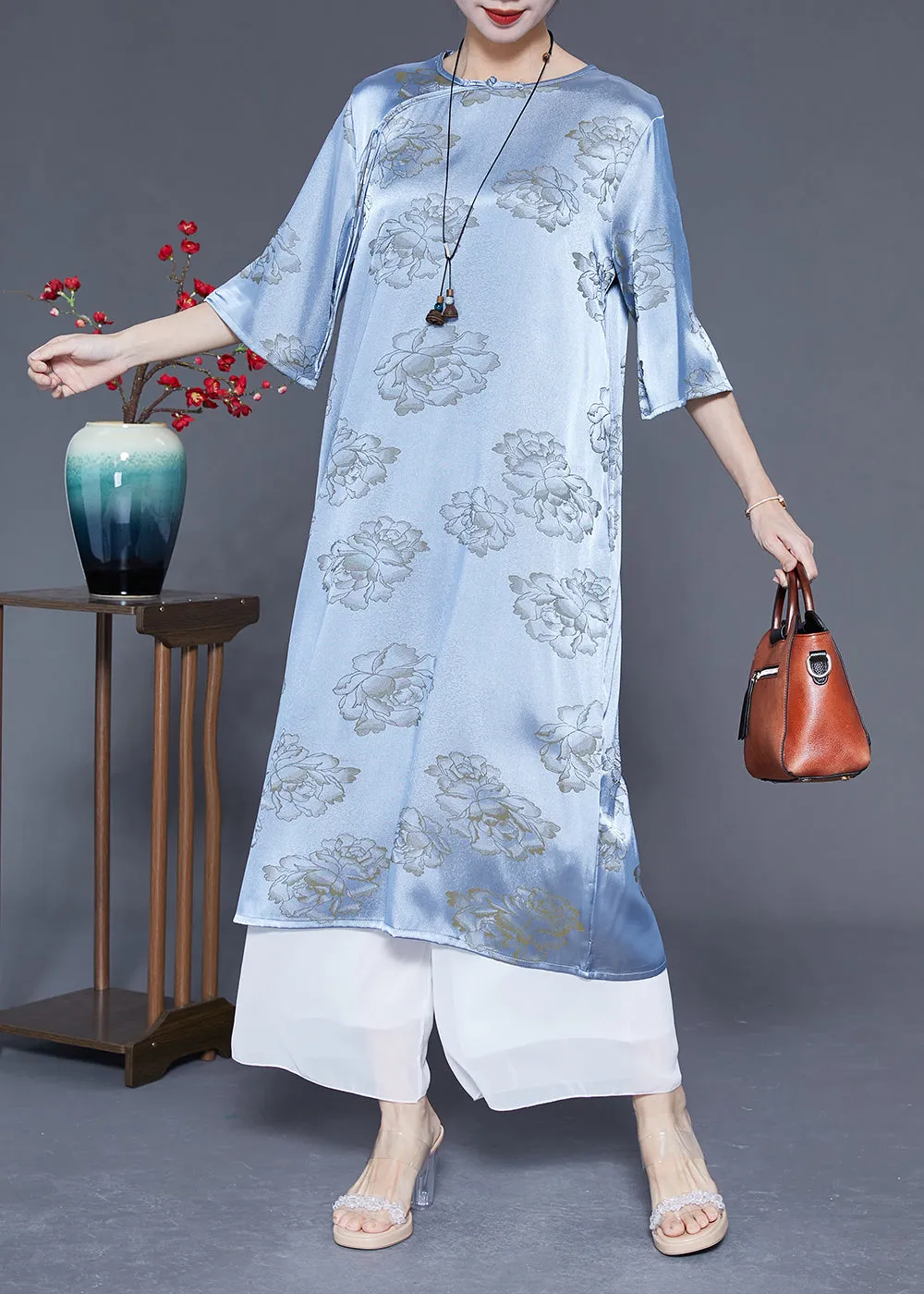 Blue Print Silk Long Dresses Chinese Button Tassel Half Sleeve LY1858