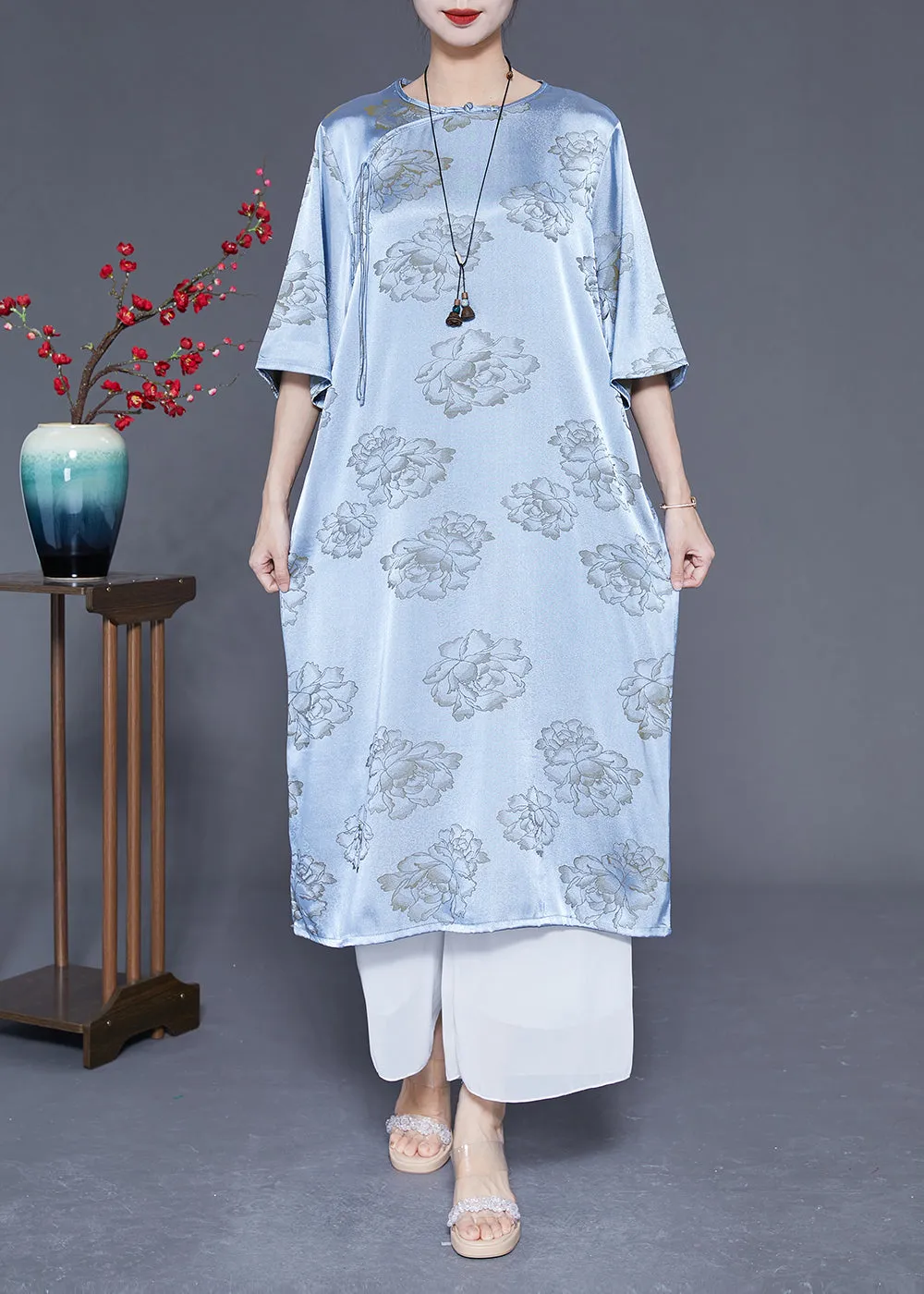 Blue Print Silk Long Dresses Chinese Button Tassel Half Sleeve LY1858