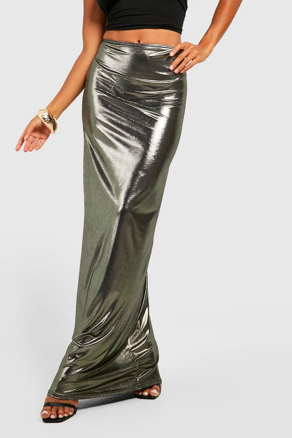 Boohoo Metallic Petite Maxi Skirt, Gold