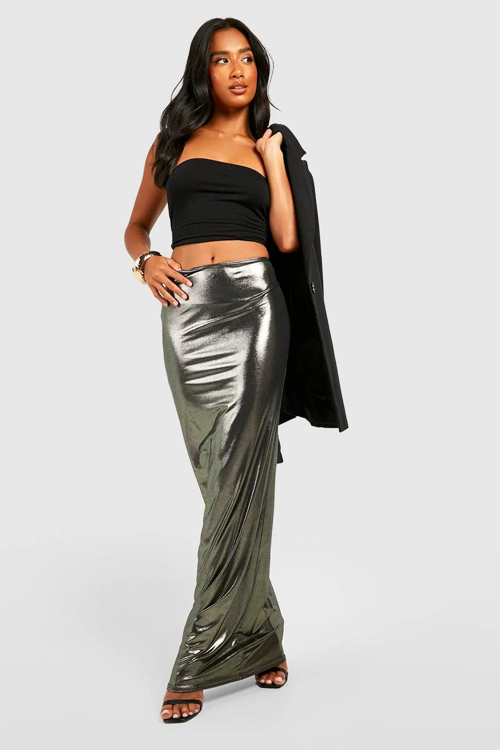 Boohoo Metallic Petite Maxi Skirt, Gold