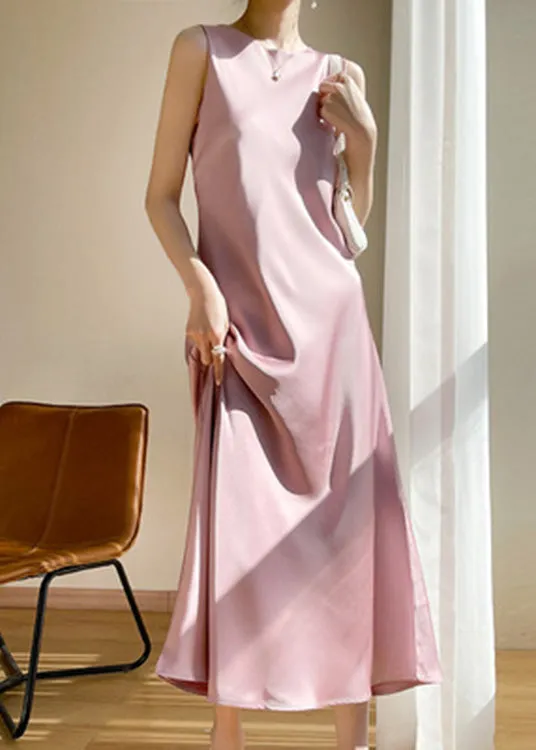 Brief Pink O-Neck Solid Silk Vacation Maxi Dresses Sleeveless LY1734