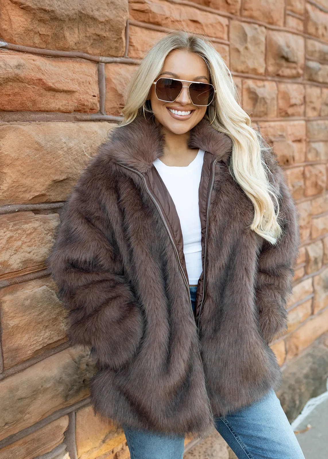 Brown Faux Fur Oversized Jacket