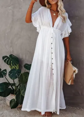 Casual White Pleated Drawstring Party Long Dresses Summer LY3033