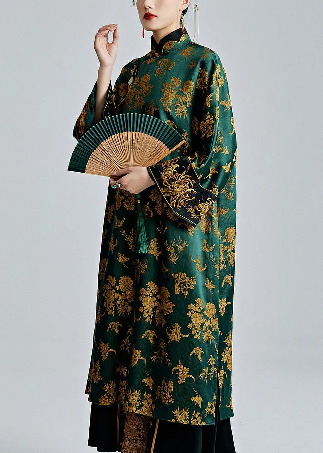 Chinese Style Green Stand Collar Jacquard Button Silk Dresses Spring QA1059