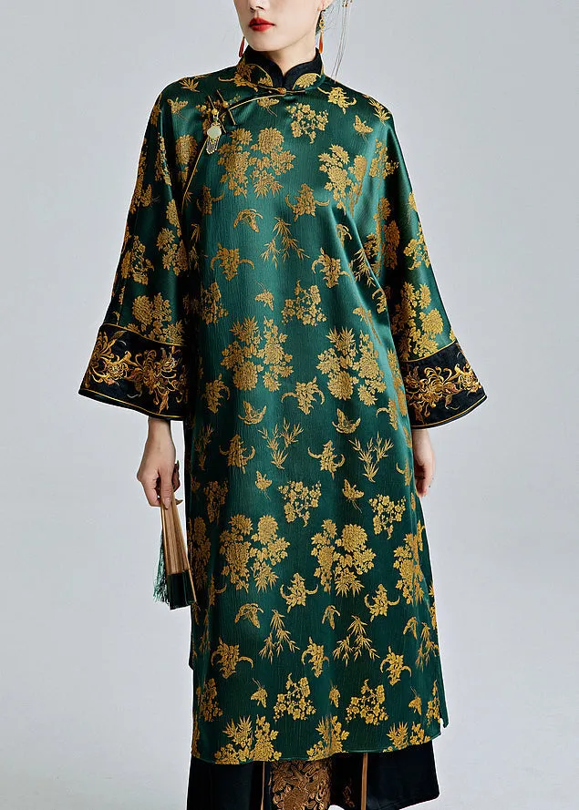 Chinese Style Green Stand Collar Jacquard Button Silk Dresses Spring QA1059