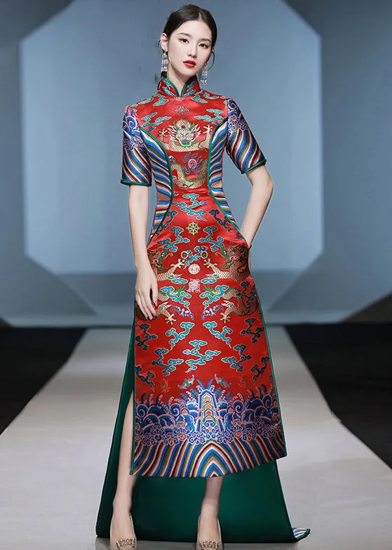 Chinese Style Red Stand Collar Embroideried Patchwork Silk Maxi Dresses Summer ML1600