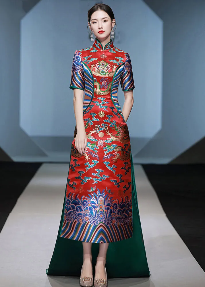 Chinese Style Red Stand Collar Embroideried Patchwork Silk Maxi Dresses Summer ML1600