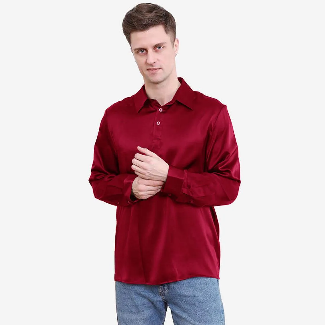 Classic Pure Color Mens Silk Polo Shirts Long Sleeves Business Silk Top