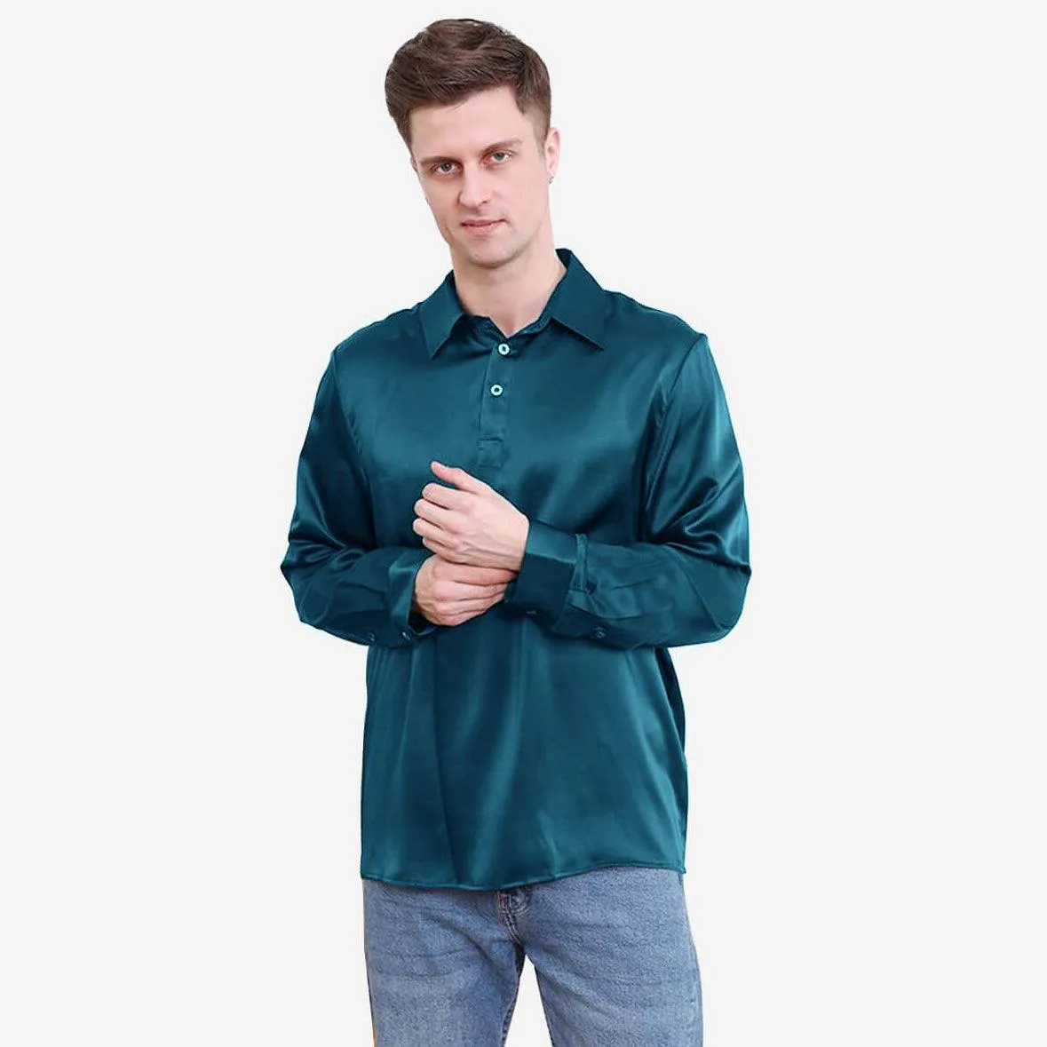 Classic Pure Color Mens Silk Polo Shirts Long Sleeves Business Silk Top