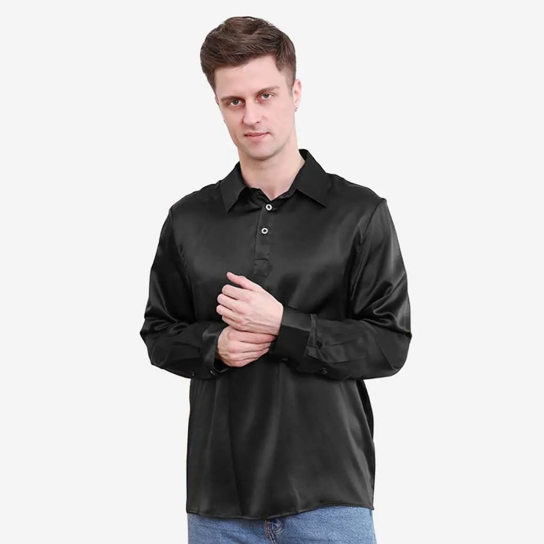 Classic Pure Color Mens Silk Polo Shirts Long Sleeves Business Silk Top