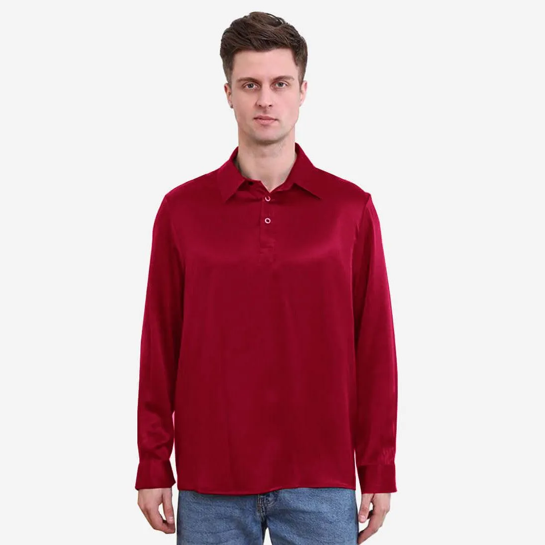 Classic Pure Color Mens Silk Polo Shirts Long Sleeves Business Silk Top