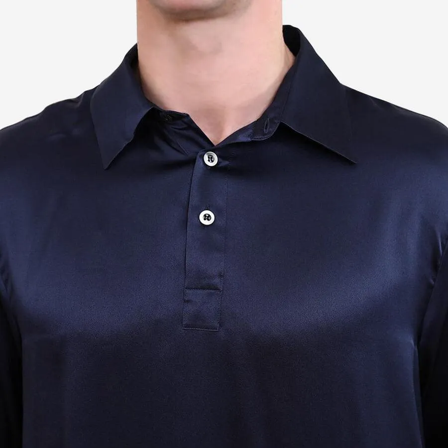 Classic Pure Color Mens Silk Polo Shirts Long Sleeves Business Silk Top