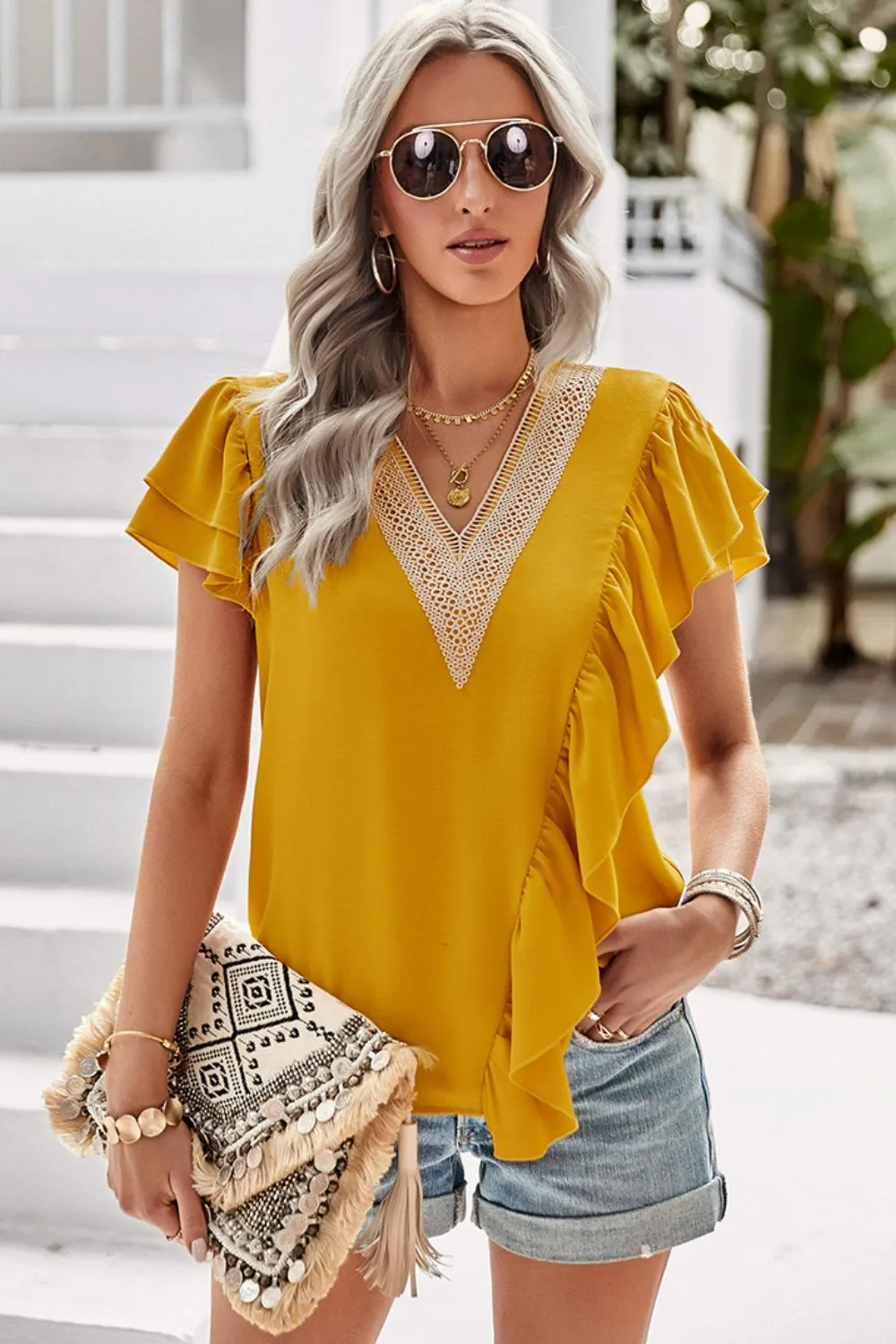 Contrast Ruffle Trim Flutter Sleeve Blouse