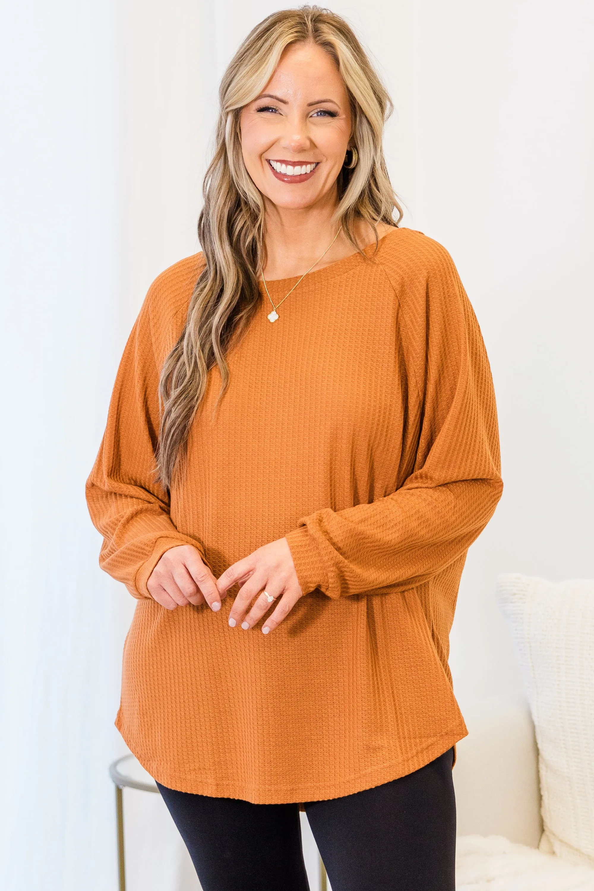 Curved Hem Slouchy Dolman Tunic, Orange Thermal