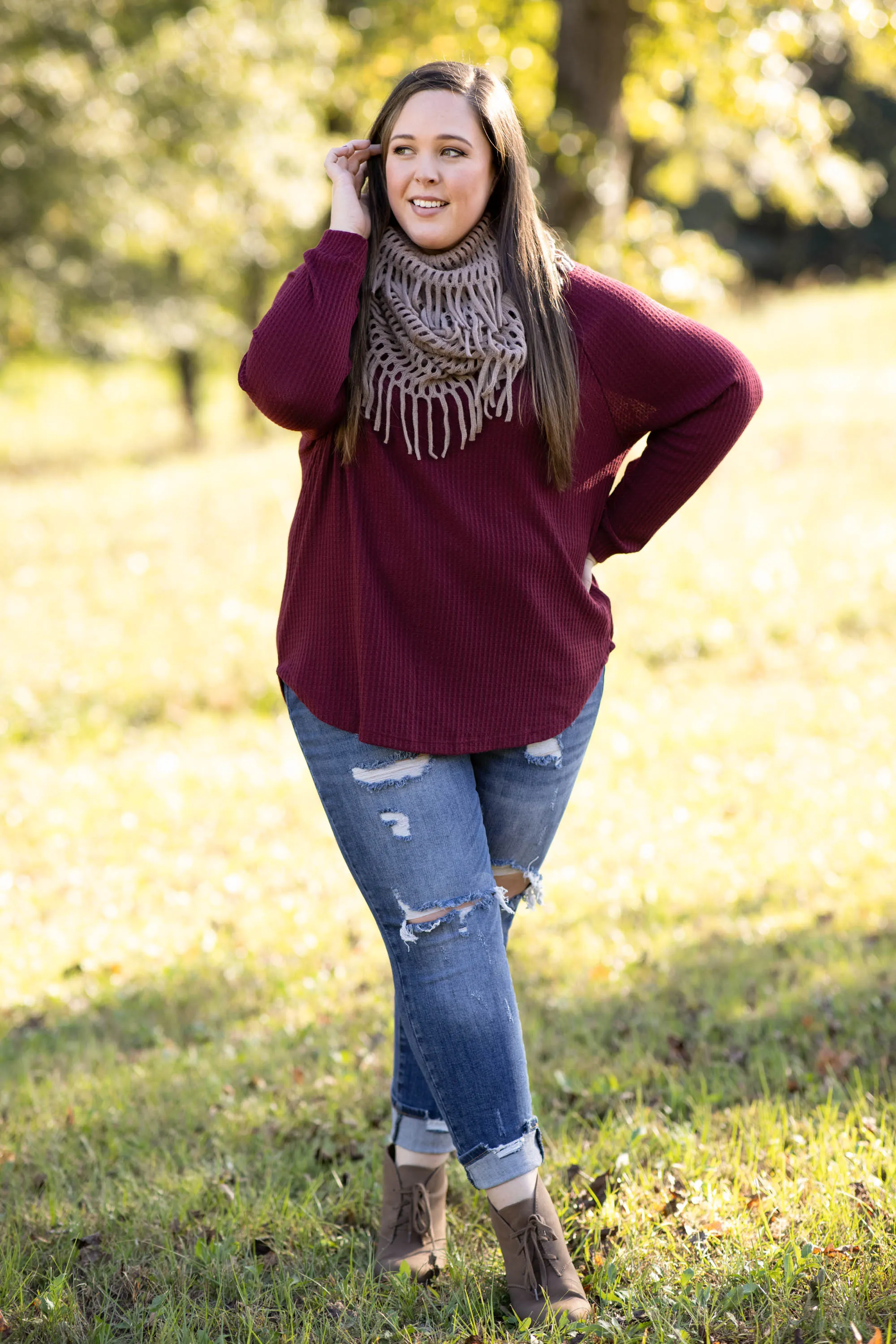 Curved Hem Slouchy Dolman Tunic, Wine Thermal