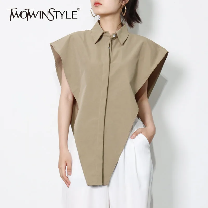 deanwangkt Casual Solid Shirt For Women Lapel Sleeveless Loose Minimalist Irregular Blouse Female Fashion New Clothing