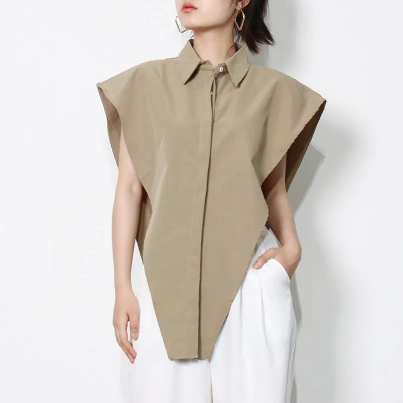 deanwangkt Casual Solid Shirt For Women Lapel Sleeveless Loose Minimalist Irregular Blouse Female Fashion New Clothing