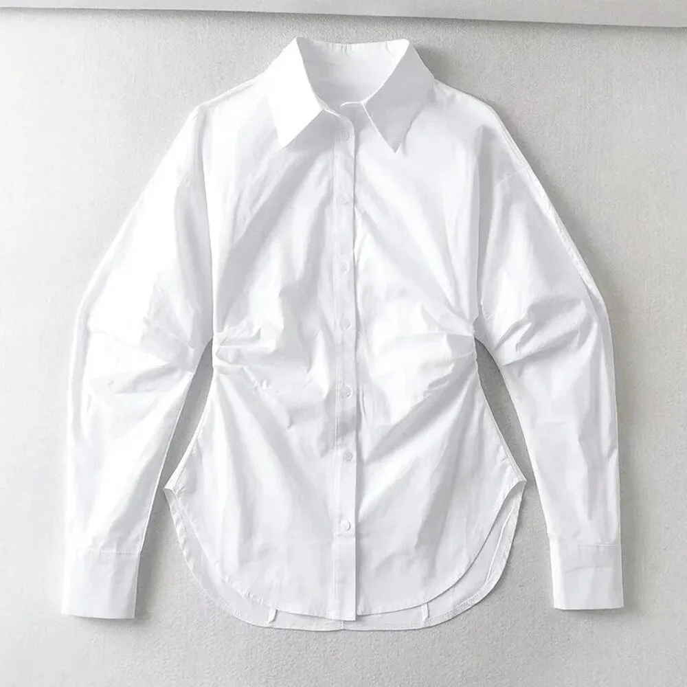 deanwangkt White Slim Shirt For Women Lapel Long Sleeve Solid Minimalist Button Through Blouse Female Spring Clothing  New