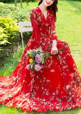 Fine Red Print Slim Chiffon Vacation Long Dresses Long Sleeve LY1775