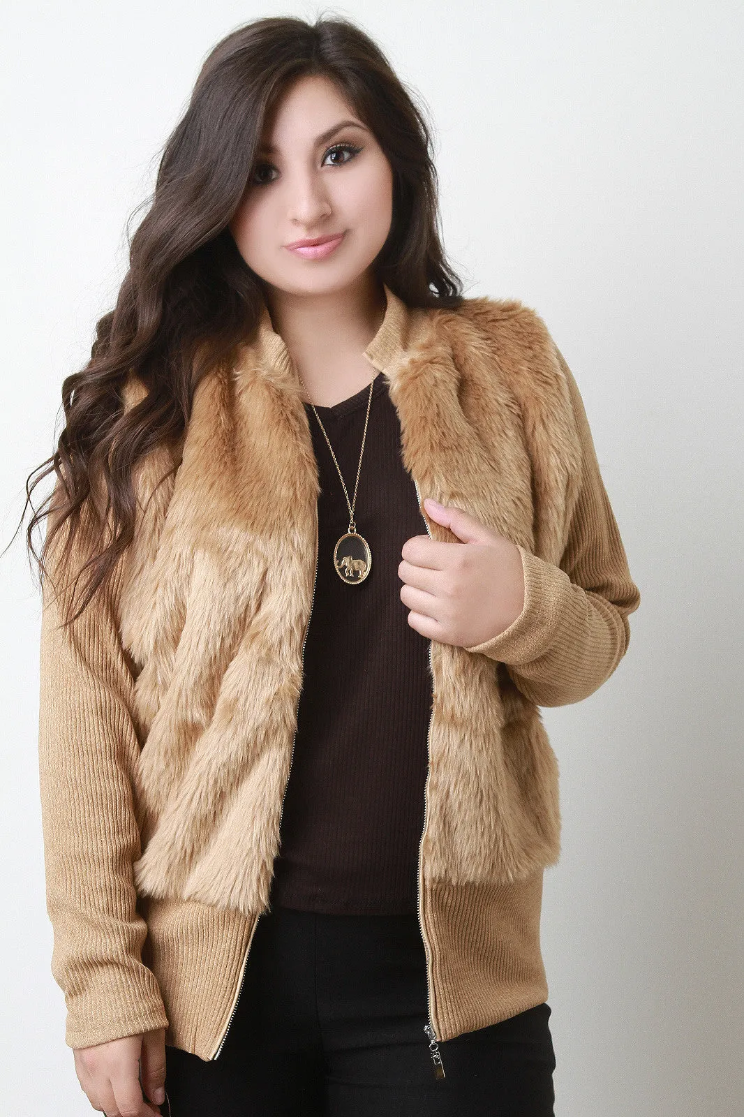 Fur And Ribbed Knit Zip-Up Jacket