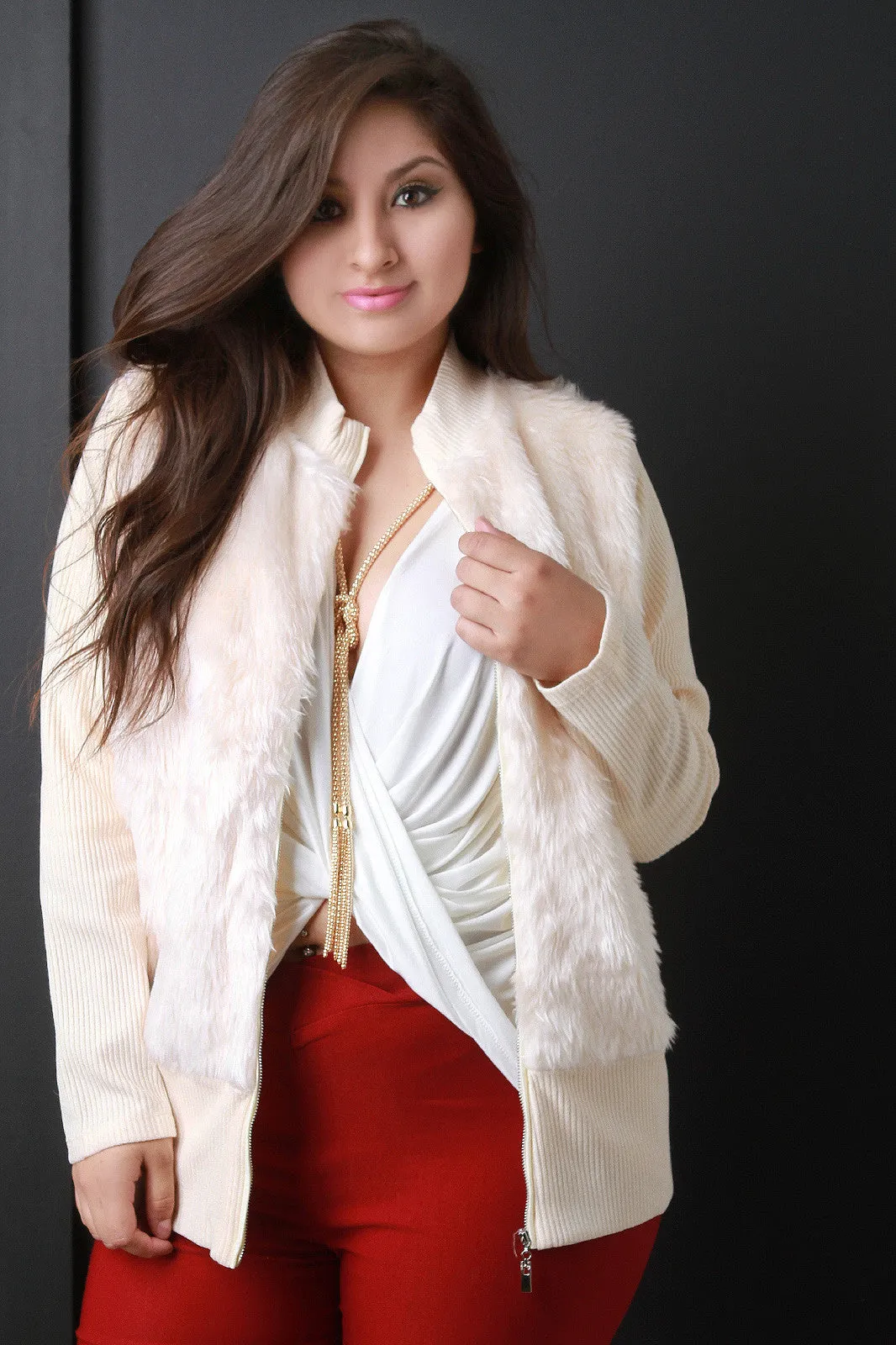 Fur And Ribbed Knit Zip-Up Jacket