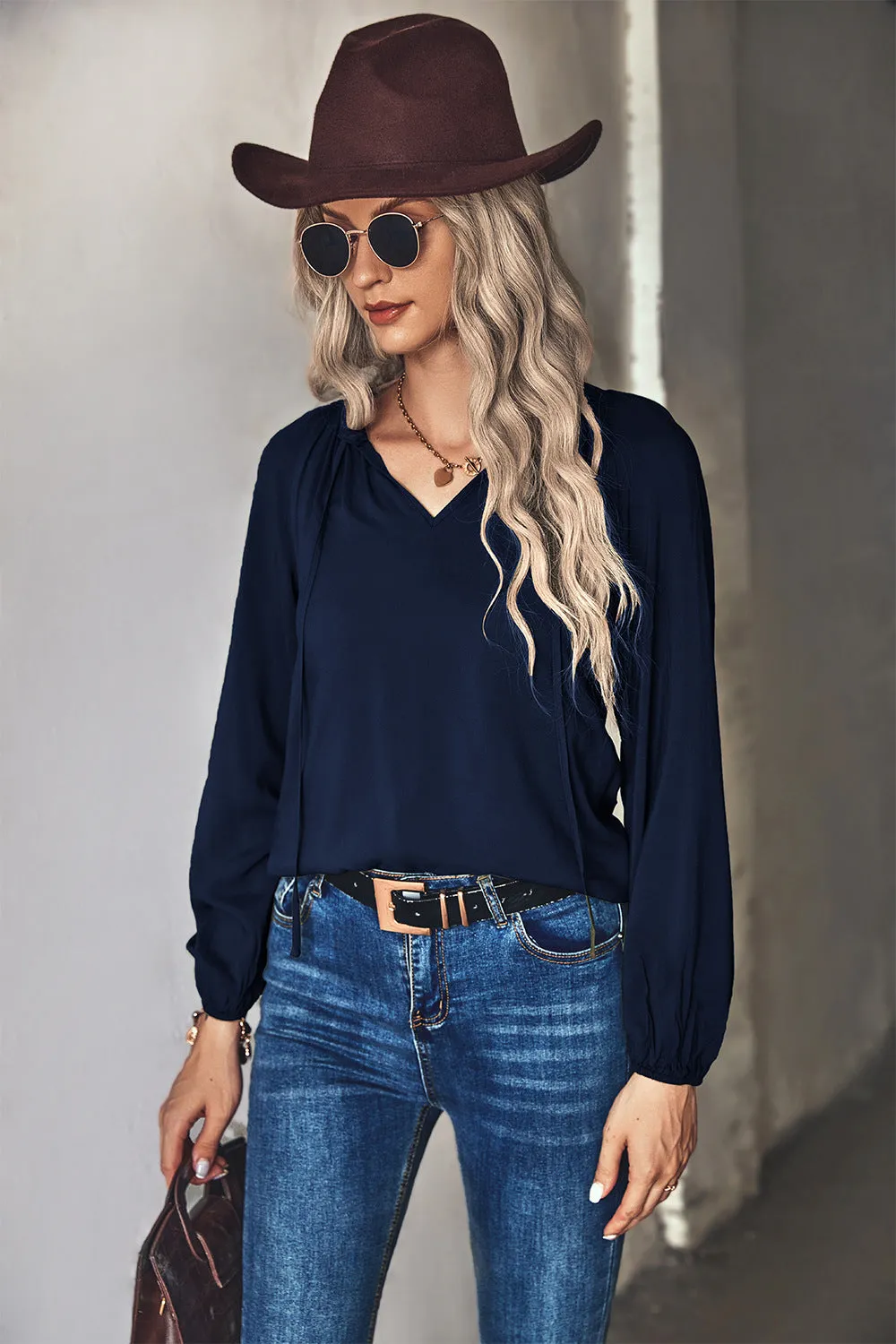 Gathered Detail Tie-Neck Blouse