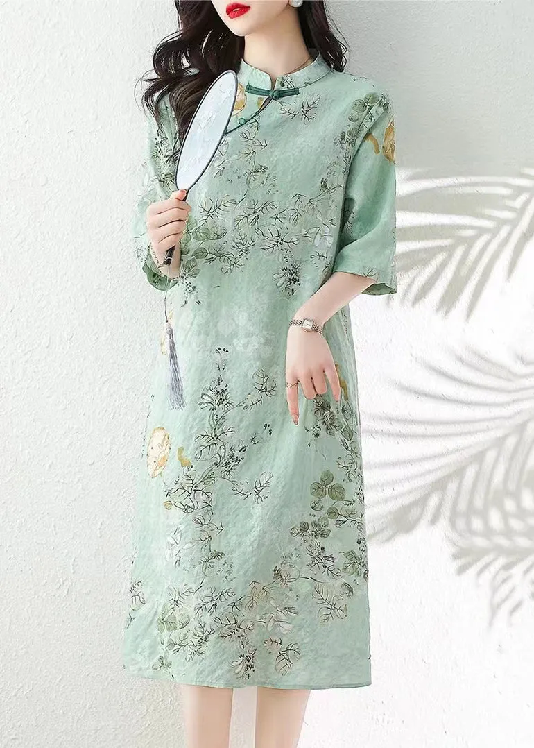 Green Print Linen Dresses Stand Collar Summer JH013