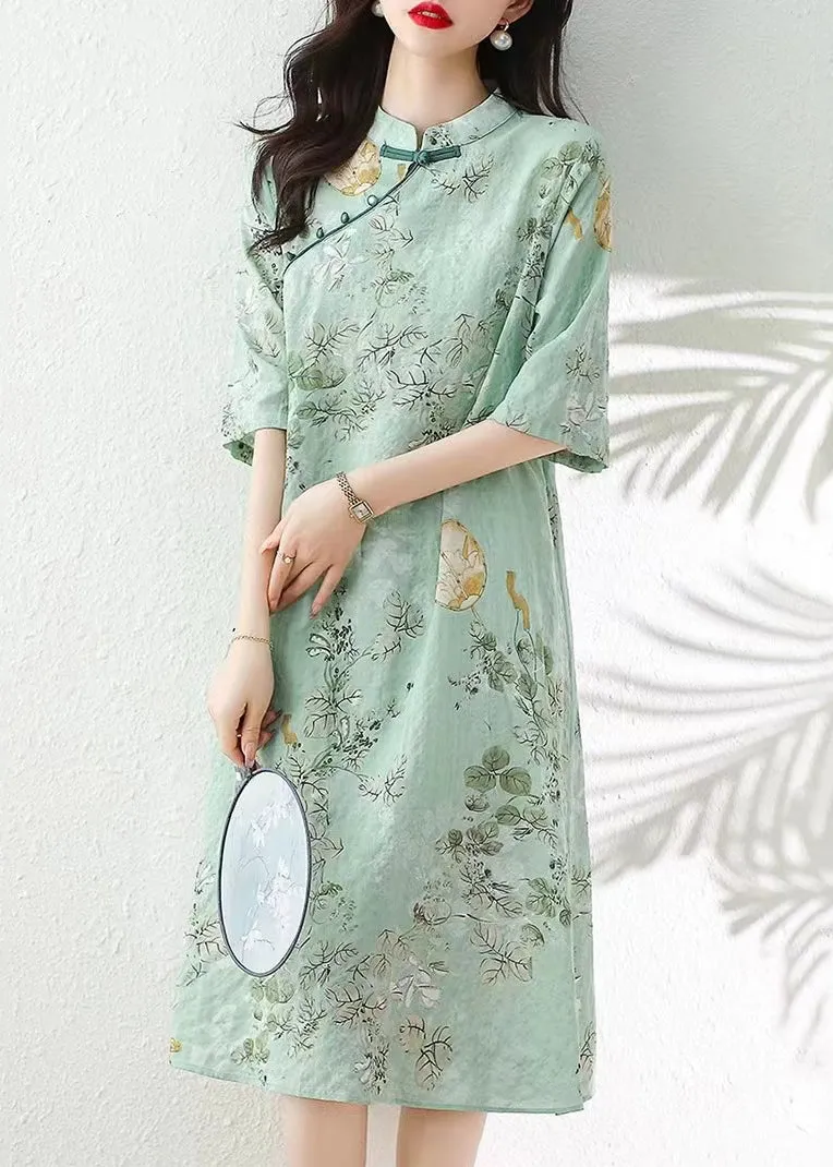 Green Print Linen Dresses Stand Collar Summer JH013