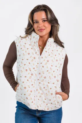 In A Bubble Ivory Floral Puffer Vest SALE